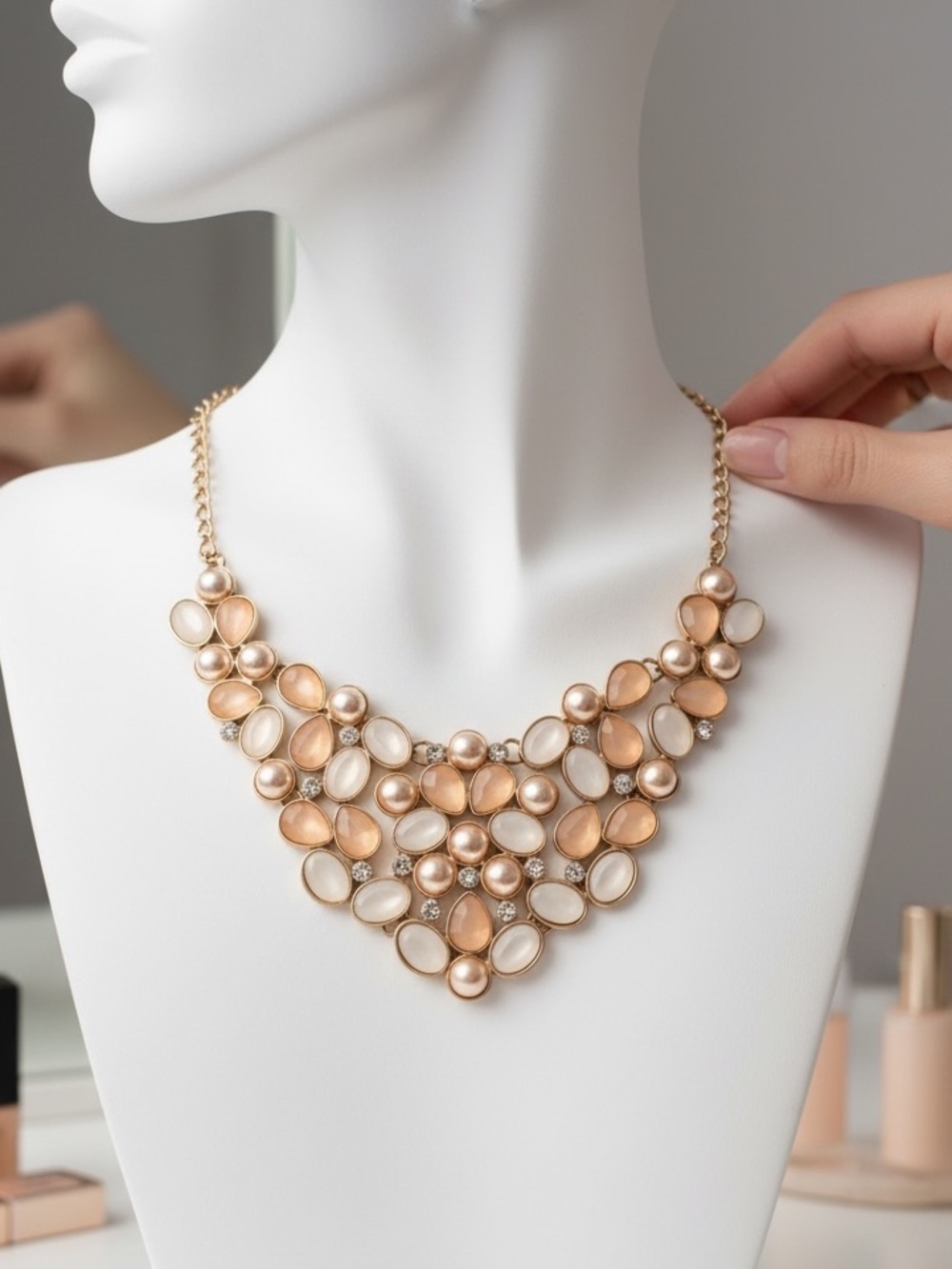 New York & Co Gold Tone Faux Pearls & Rhinestones Bib Necklace Jewelry